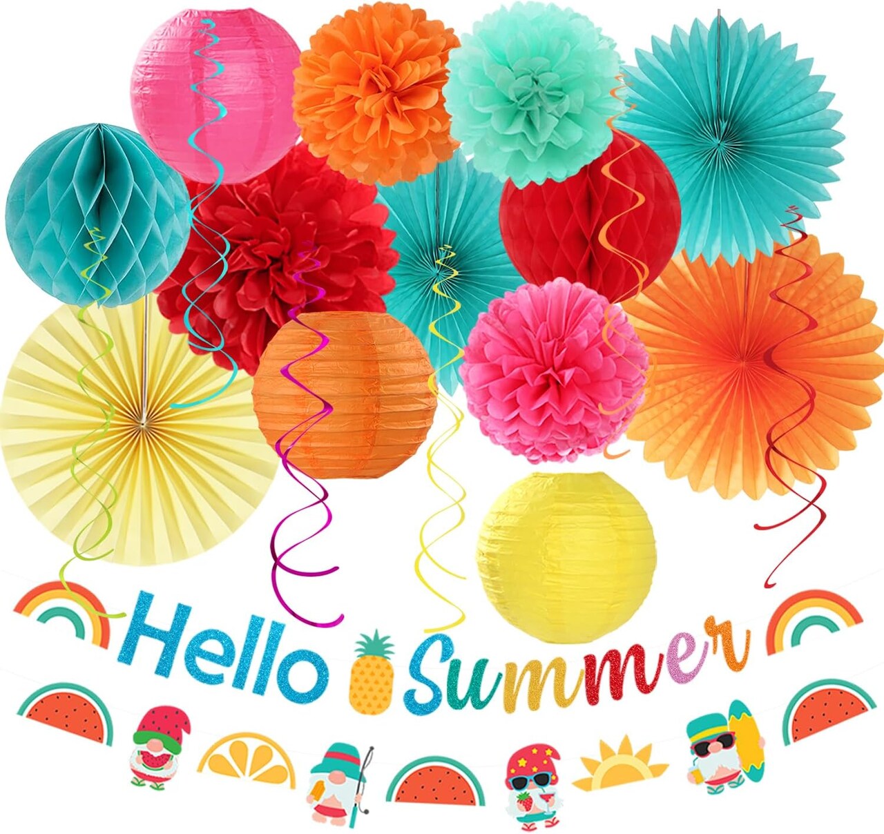 Summer Luau Hawaiian-Beach Party-Decorations Supplies - 21pcs Hello Banner,Pool Paper Lanterns Honeycomb,Hanging Streamers Garland,Tissue Pom Poms Flowers Fans,Tropical Outdoor Theme Decor